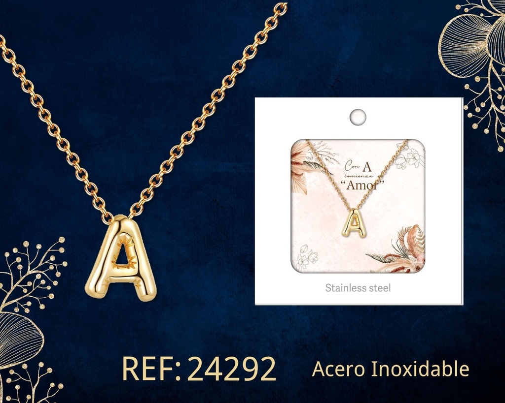 Collar letra A de acero dorado con caja - Joyería y accesorios