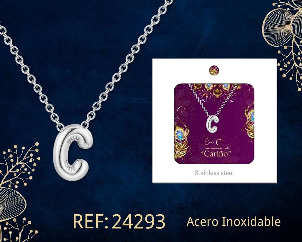 Collar letra C de acero plateado con caja - Joyería y accesorios