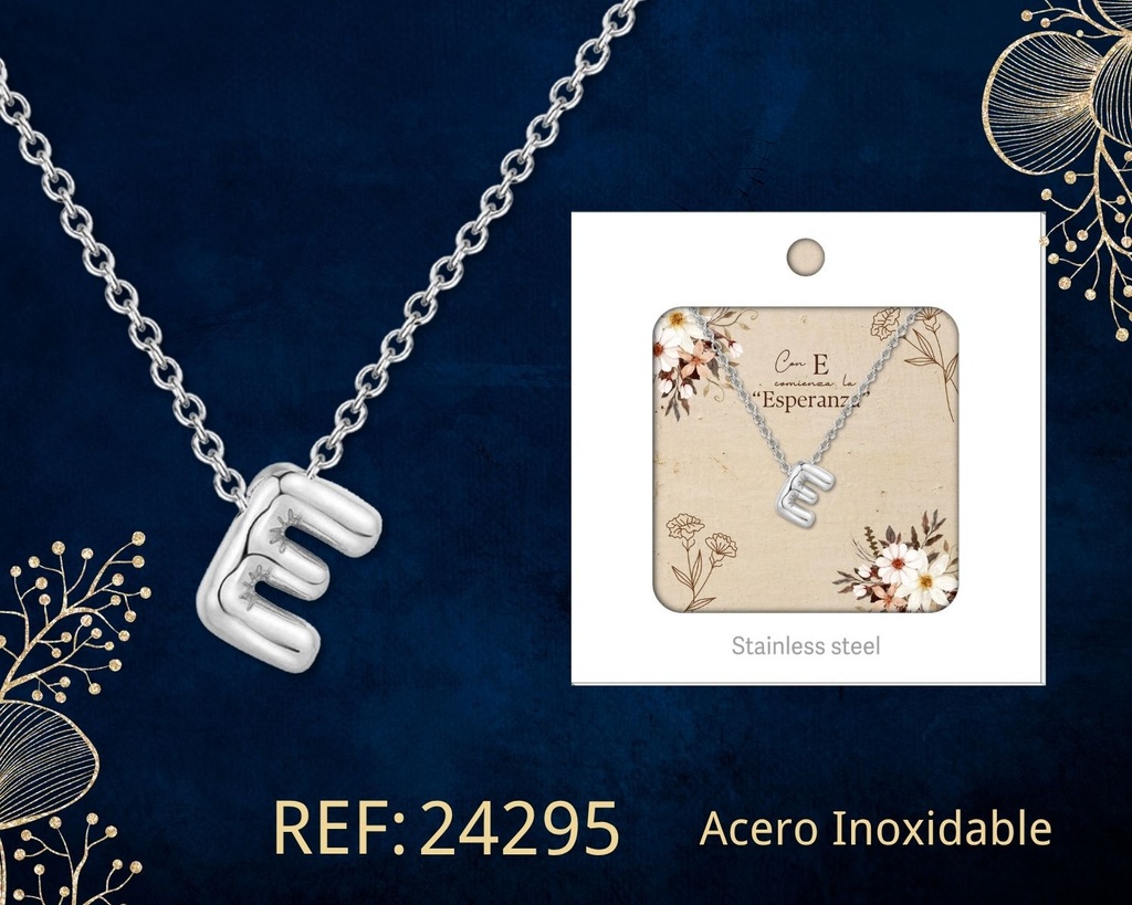 Collar letra E de acero plateado con caja - Joyería y accesorios