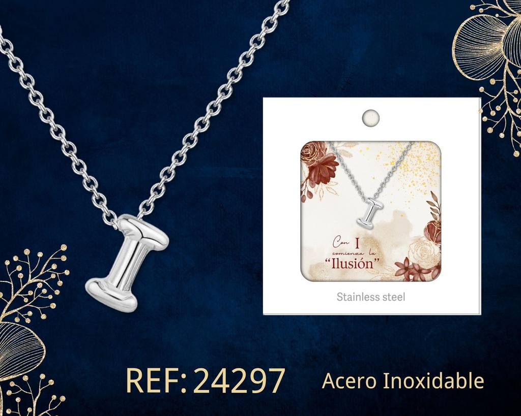 Collar letra I de acero plateado con caja - Joyería y accesorios