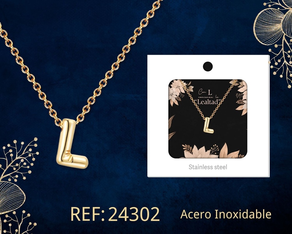 Collar letra L de acero dorado con caja - Joyería y accesorios