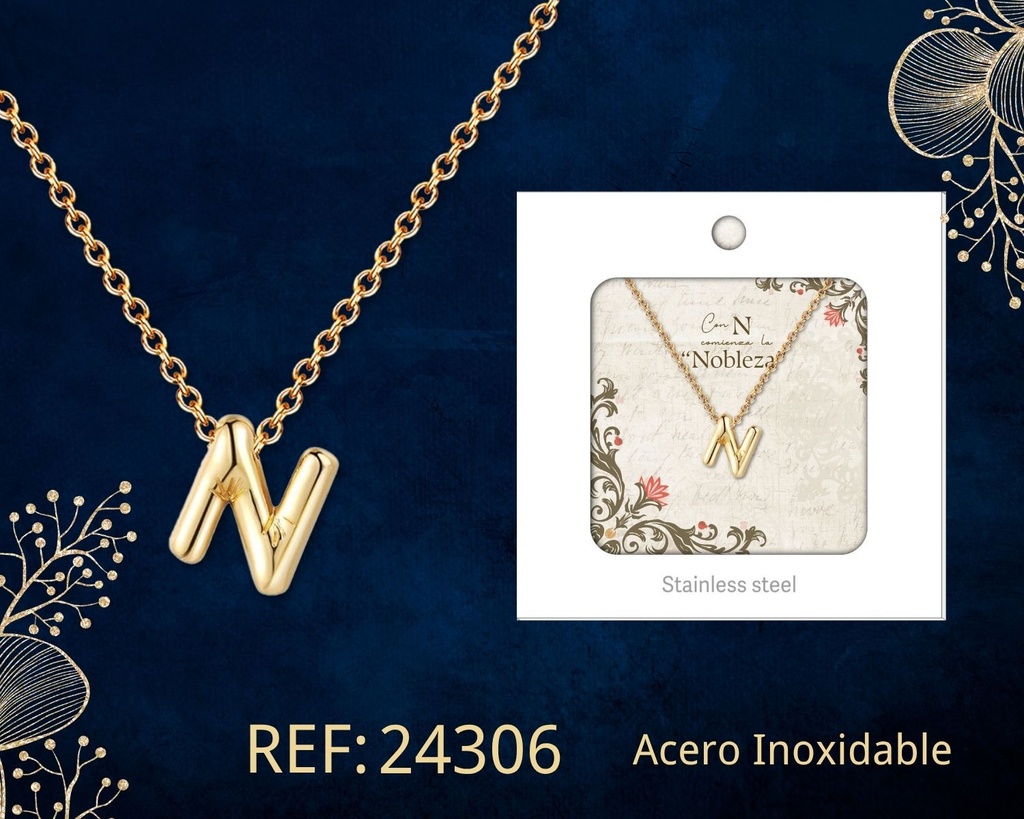 Collar letra N de acero dorado con caja - Joyería y accesorios