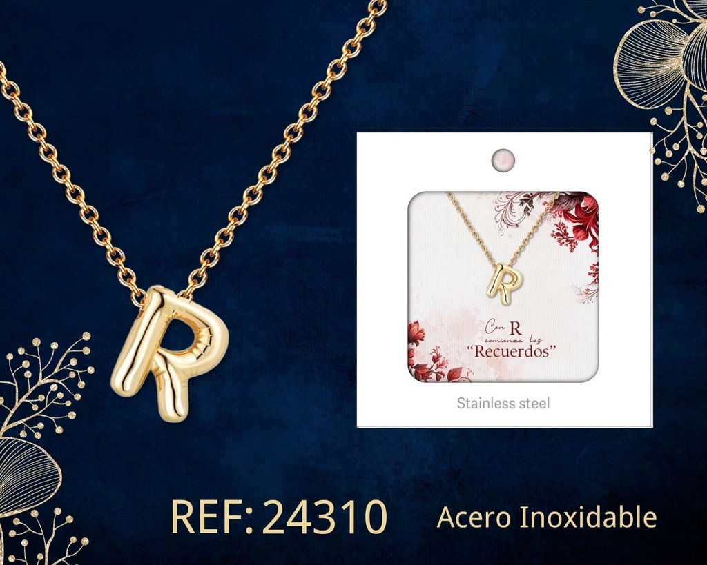 Collar letra R de acero dorado con caja - Joyería y accesorios
