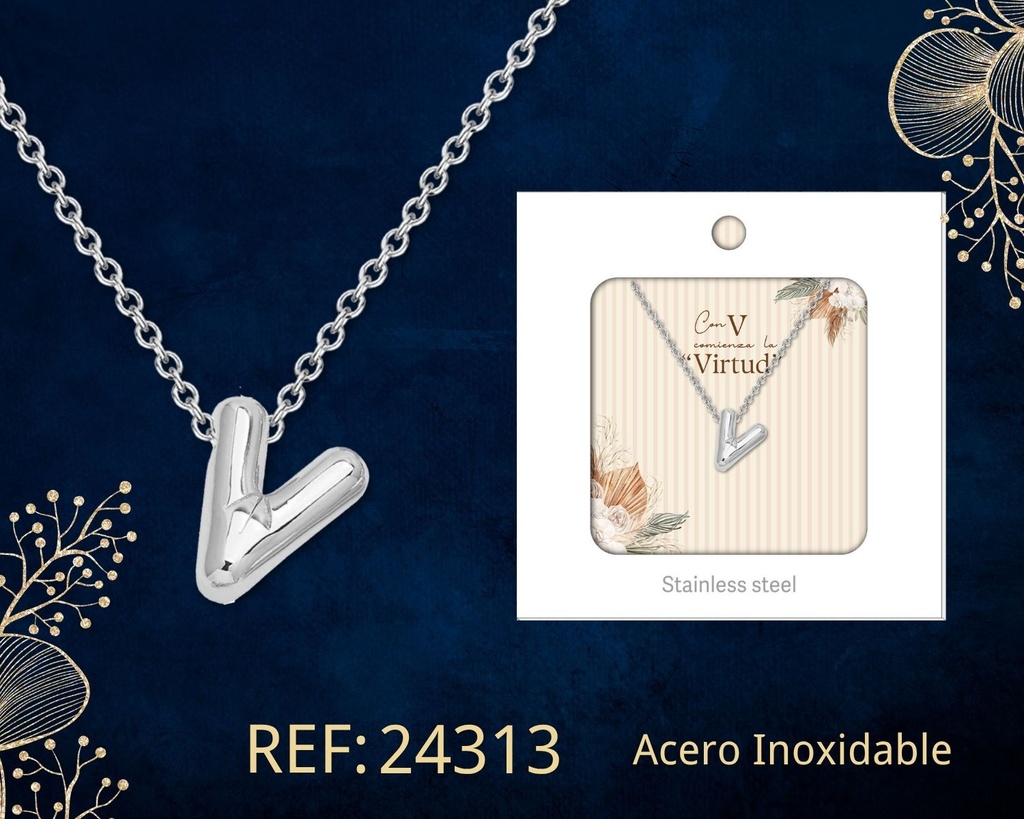 Collar letra V de acero plateado con caja - Joyería y accesorios
