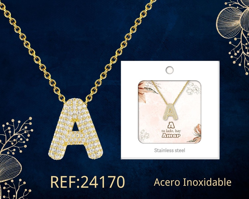 Collar letra A con circonita de acero color dorado - Joyería y accesorios