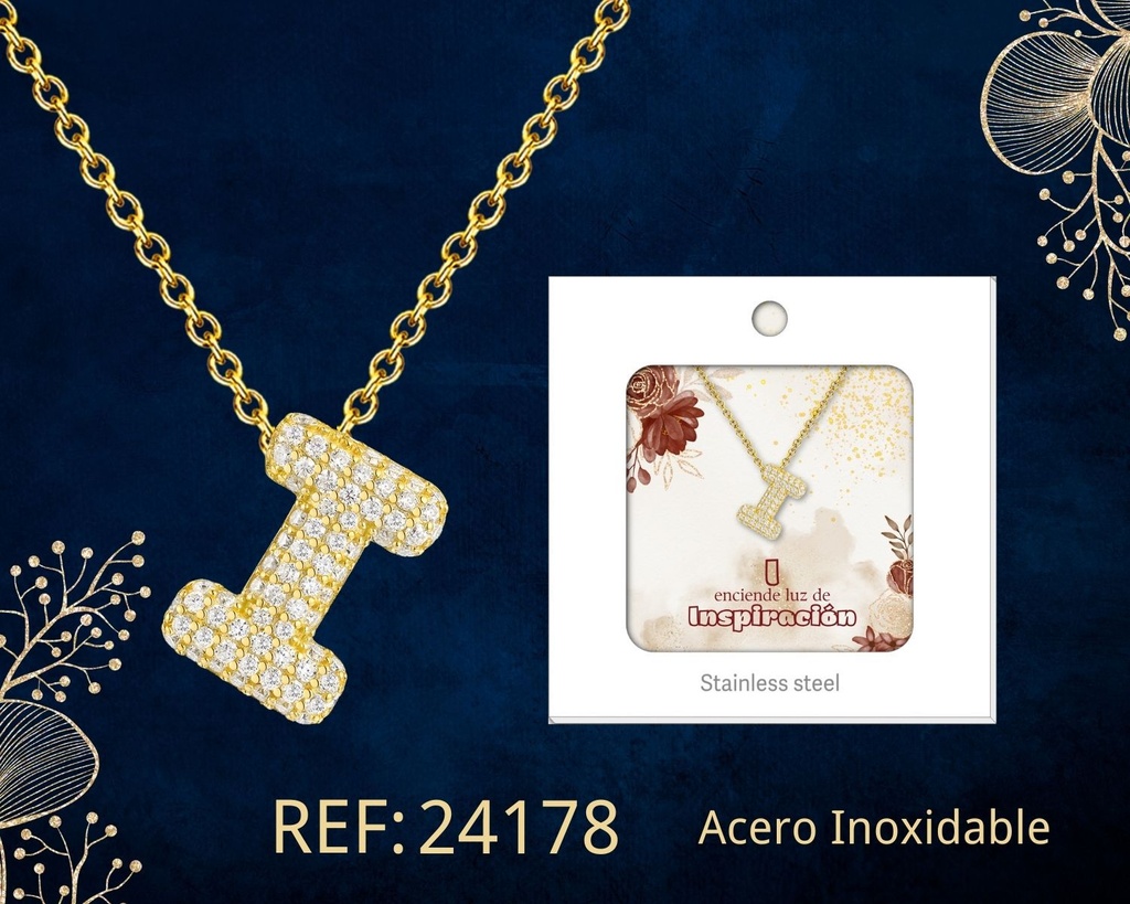 Collar letra I con circonita de acero color dorado - Joyería y accesorios