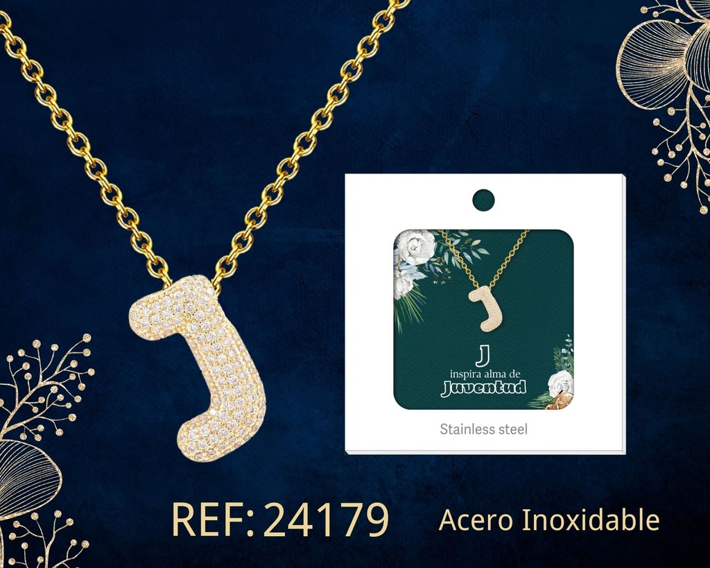 Collar letra J con circonita de acero color dorado - Joyería y accesorios