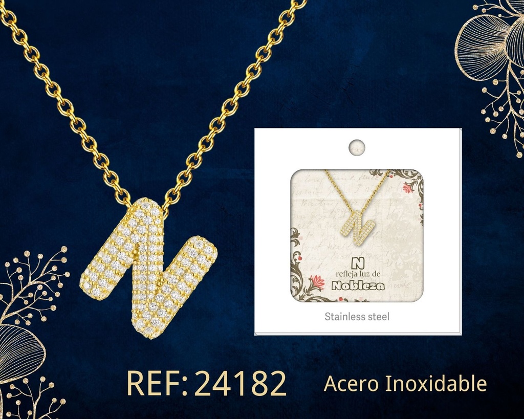 Collar letra N con circonita de acero color dorado - Joyería y accesorios