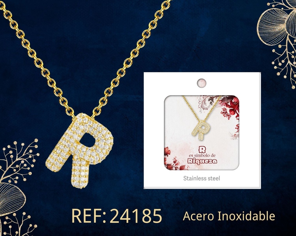 Collar letra R con circonita de acero color dorado - Joyería y accesorios