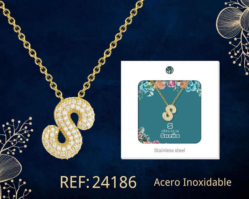 Collar letra S con circonita de acero color dorado - Joyería y accesorios