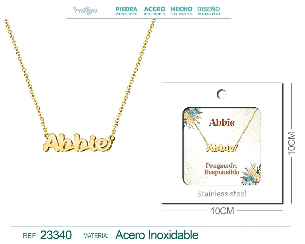 Collar Personalizado Nombre en Inglés Abbie de Acero con Sobre