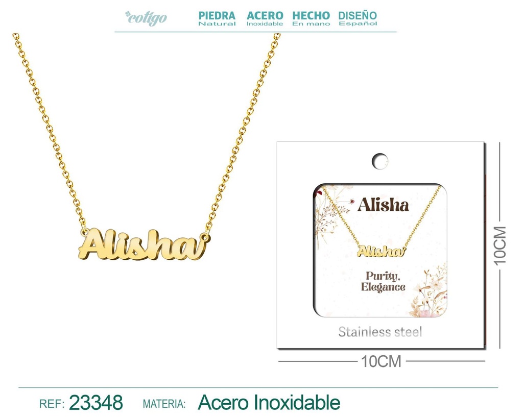Collar Personalizado Nombre en Inglés Alisha de Acero con Sobre