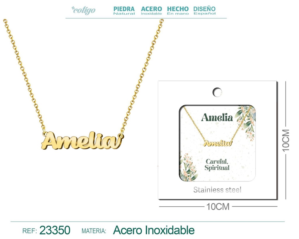 Collar Personalizado Nombre en Inglés Amelia de Acero con Sobre