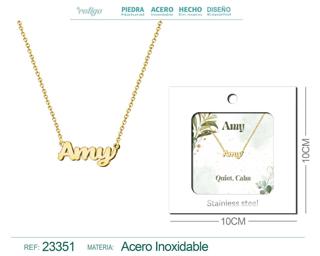 Collar Personalizado Nombre en Inglés Amy de Acero con Sobre
