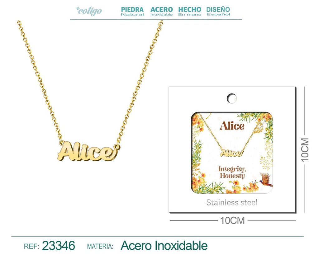 Collar Personalizado Nombre en Inglés Alice de Acero con Sobre