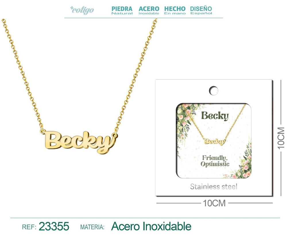 Collar Personalizado Nombre en Inglés Becky de Acero con Sobre
