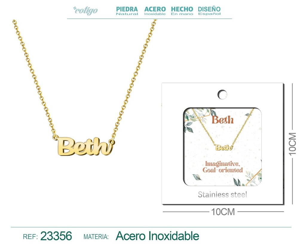 Collar Personalizado Nombre en Inglés Beth de Acero con Sobre