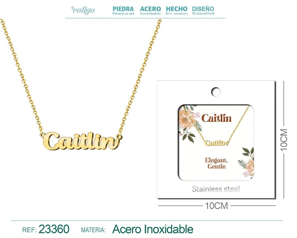 Collar Personalizado Nombre en Inglés Caitlin de Acero con Sobre