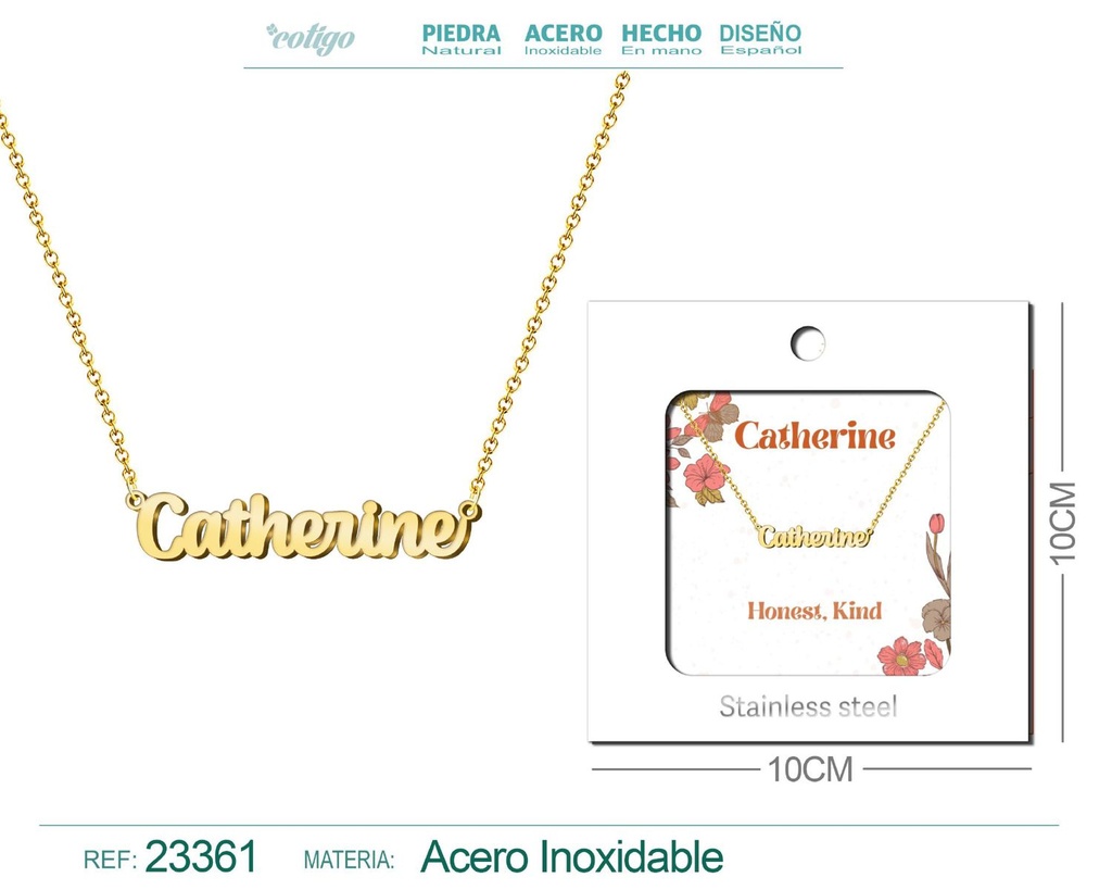 Collar Personalizado Nombre en Inglés Catherine de Acero con Sobre