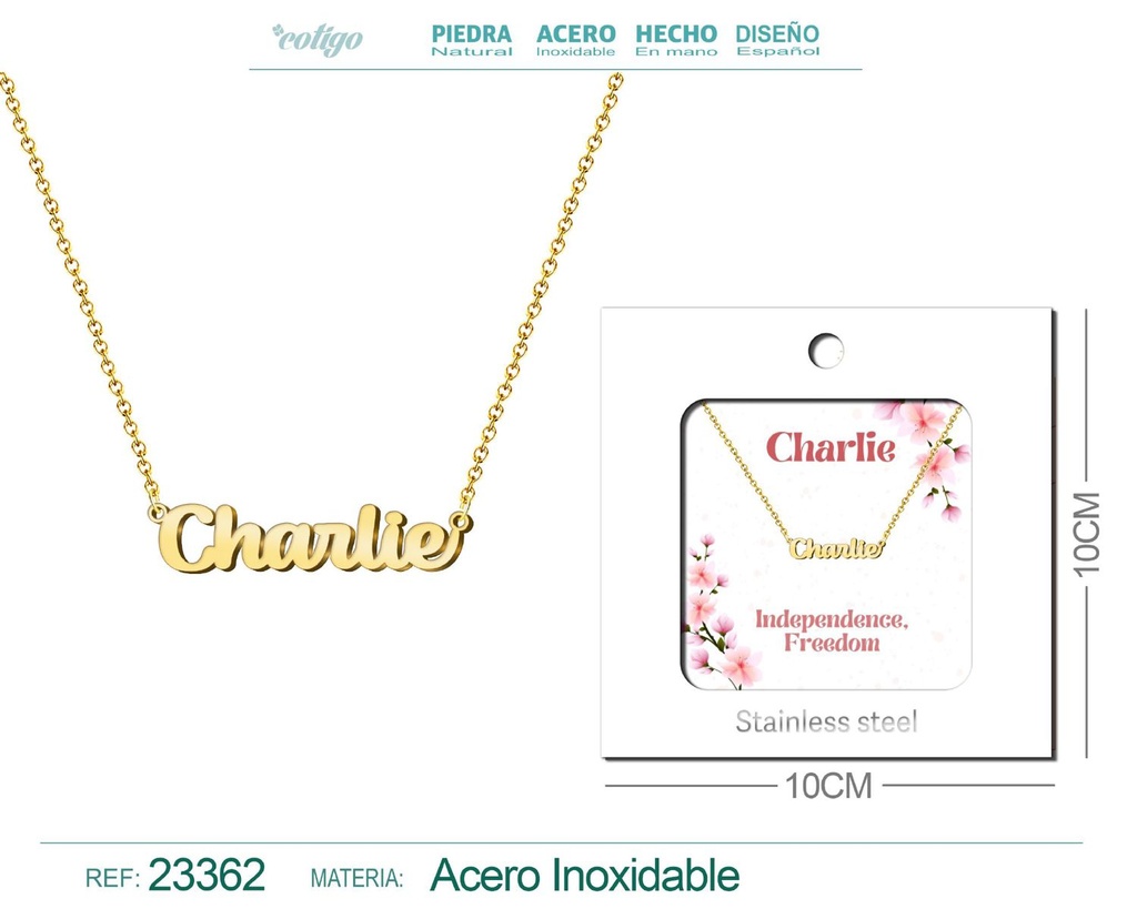 Collar Personalizado Nombre en Inglés Charlie de Acero con Sobre