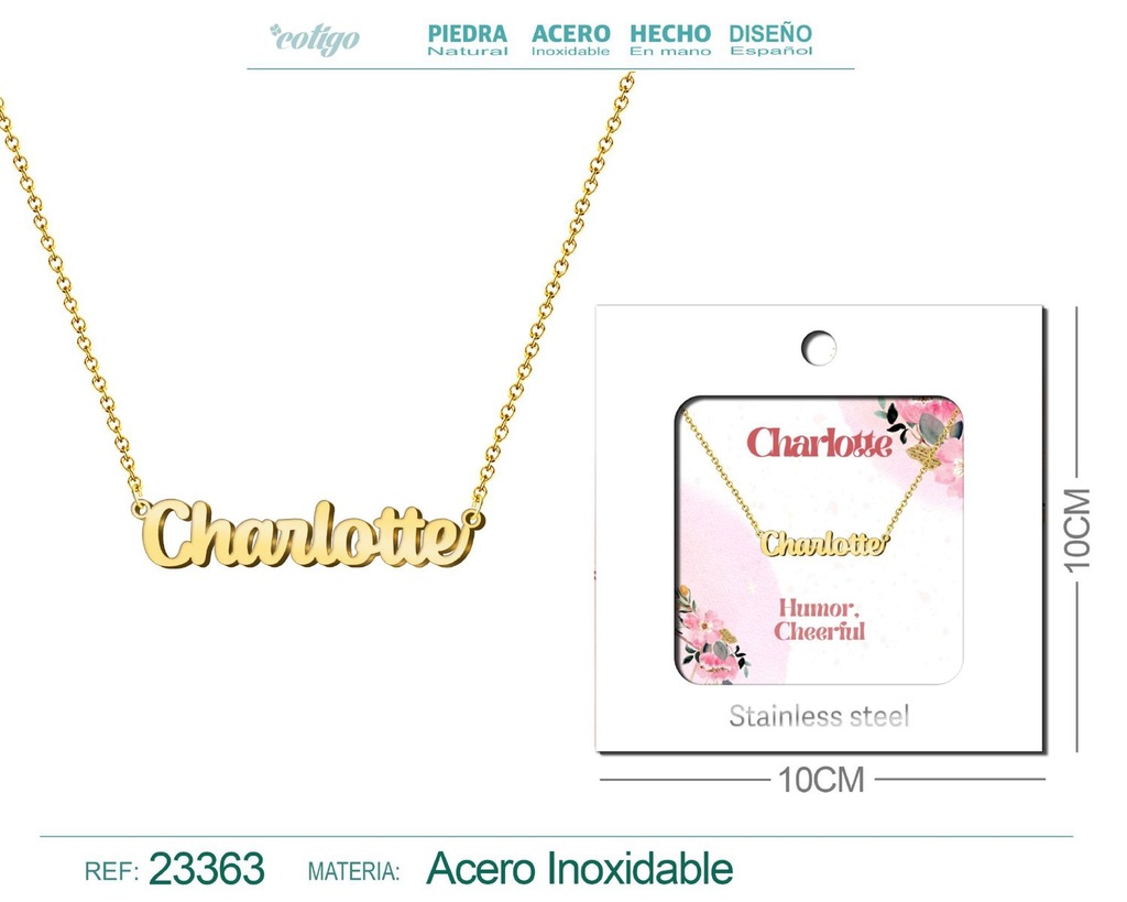 Collar Personalizado Nombre en Inglés Charlotte de Acero con Sobre