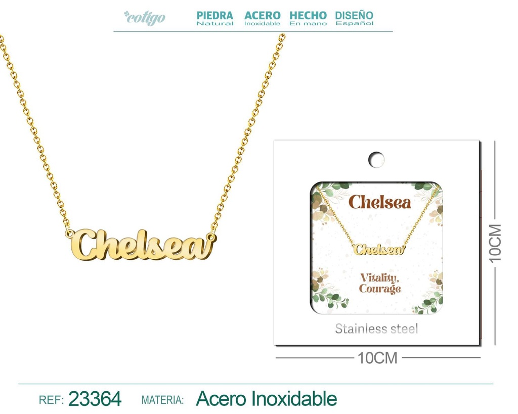 Collar Personalizado Nombre en Inglés Chelsea de Acero con Sobre