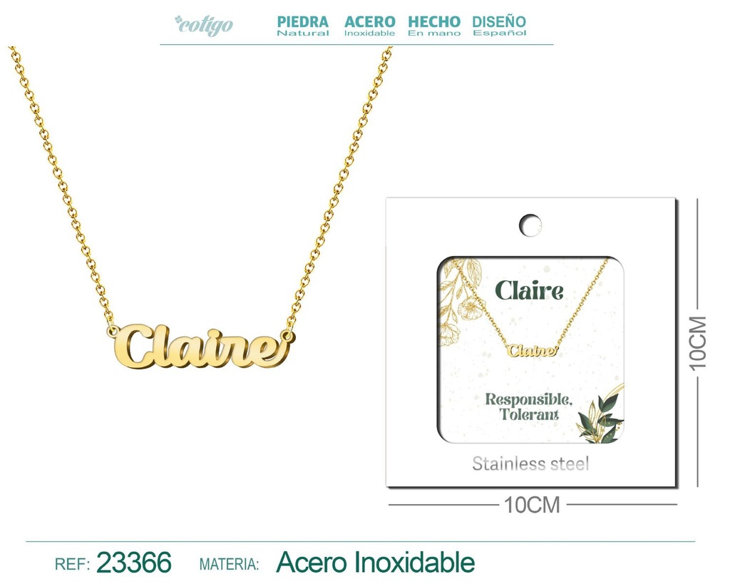 Collar Personalizado Nombre en Inglés Claire de Acero con Sobre