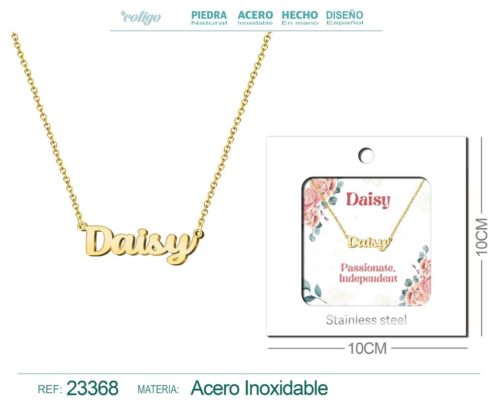Collar Personalizado Nombre en Inglés Daisy de Acero con Sobre