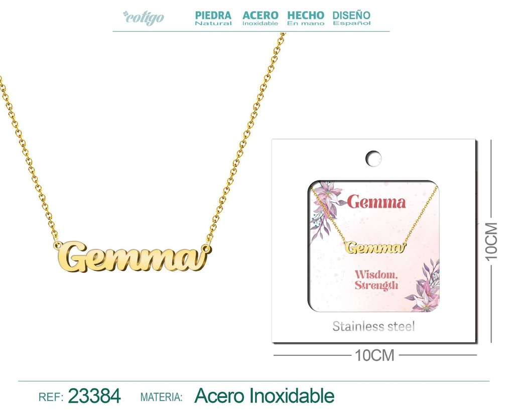 Collar Personalizado Nombre en Inglés Gemma de Acero con Sobre