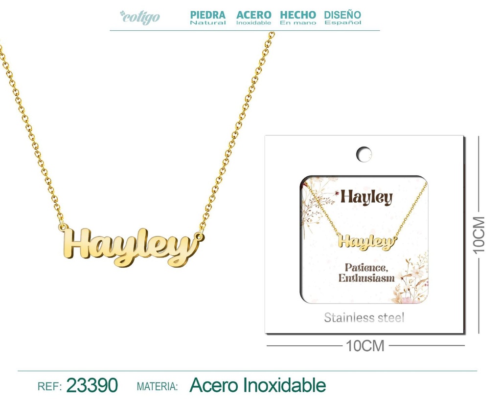 Collar Personalizado Nombre en Inglés Hayley de Acero con Sobre