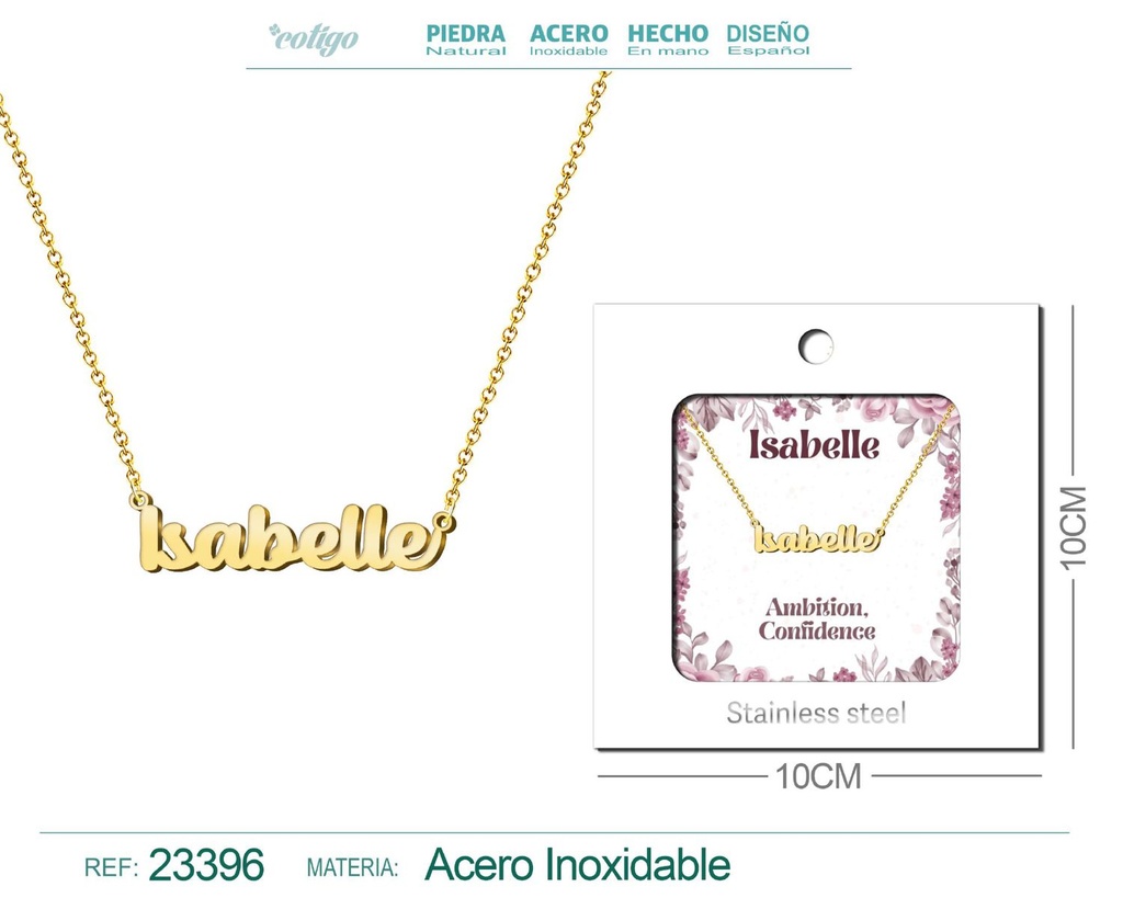 Collar de acero con nombre "Isabelle" en inglés con sobre - Joyería personalizada