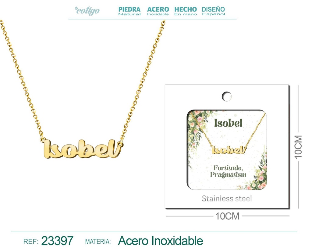 Collar de acero con nombre "Isobel" en inglés con sobre - Joyería personalizada
