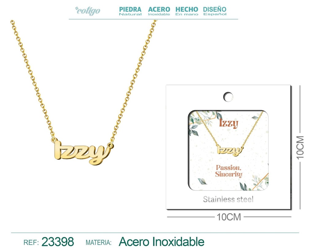 Collar de acero con nombre "Izzy" en inglés con sobre - Joyería personalizada