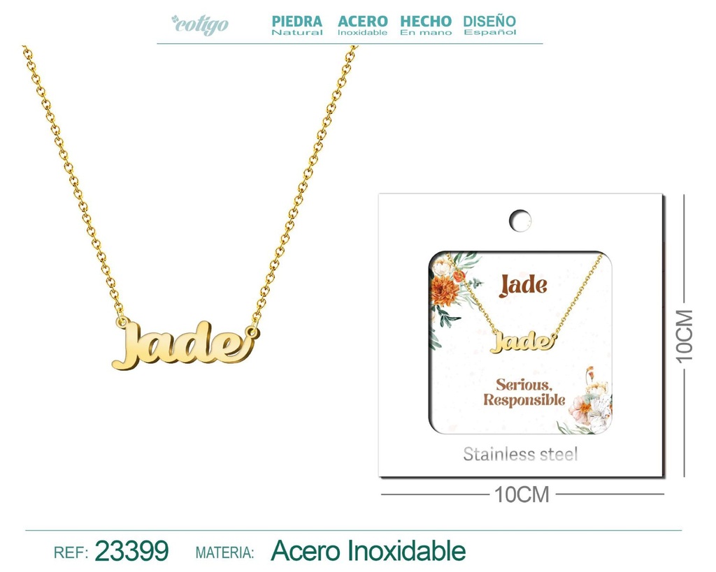 Collar de acero con nombre "Jade" en inglés con sobre - Joyería personalizada