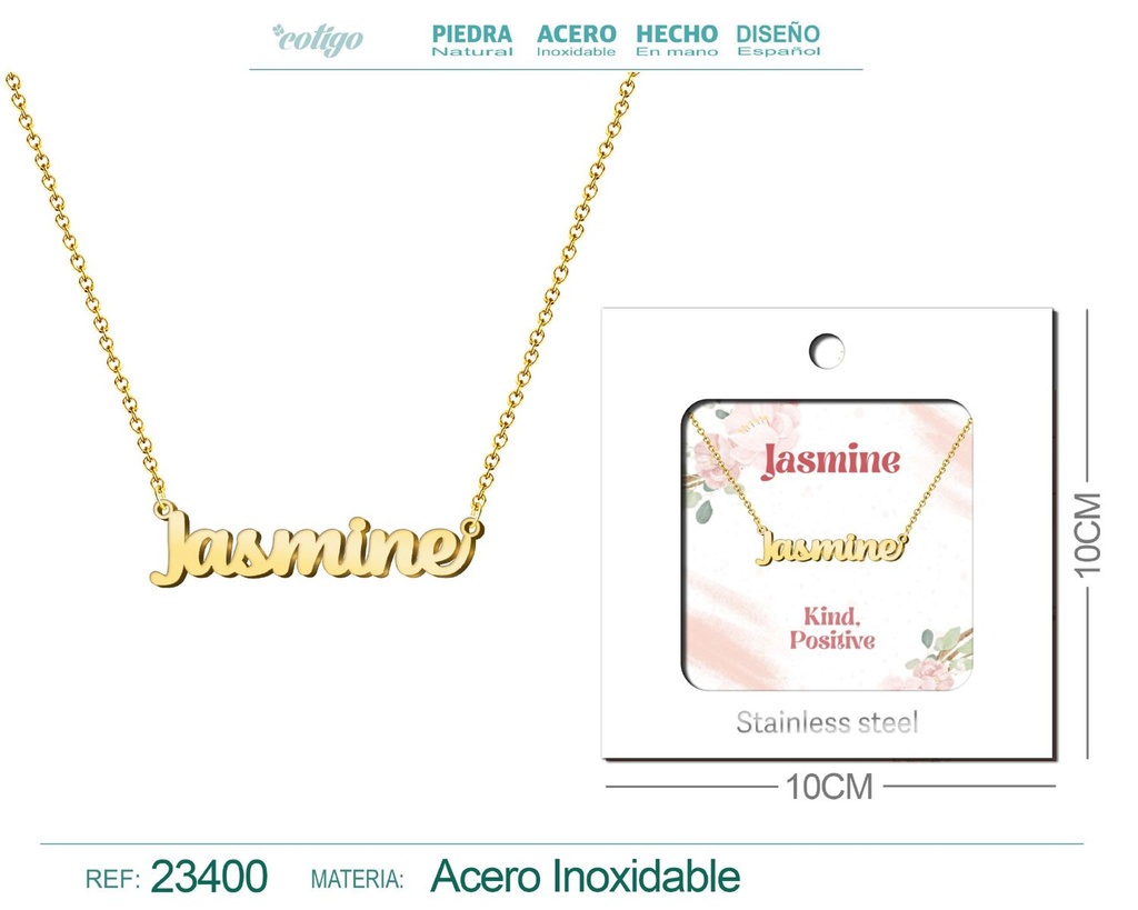Collar de acero con nombre "Jasmine" en inglés con sobre - Joyería personalizada