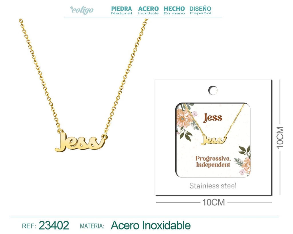 Collar de acero con nombre "Jess" en inglés con sobre - Joyería personalizada
