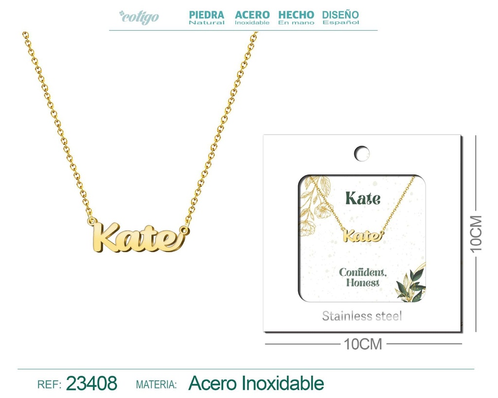 Collar de acero con nombre "Kate" en inglés con sobre - Joyería personalizada