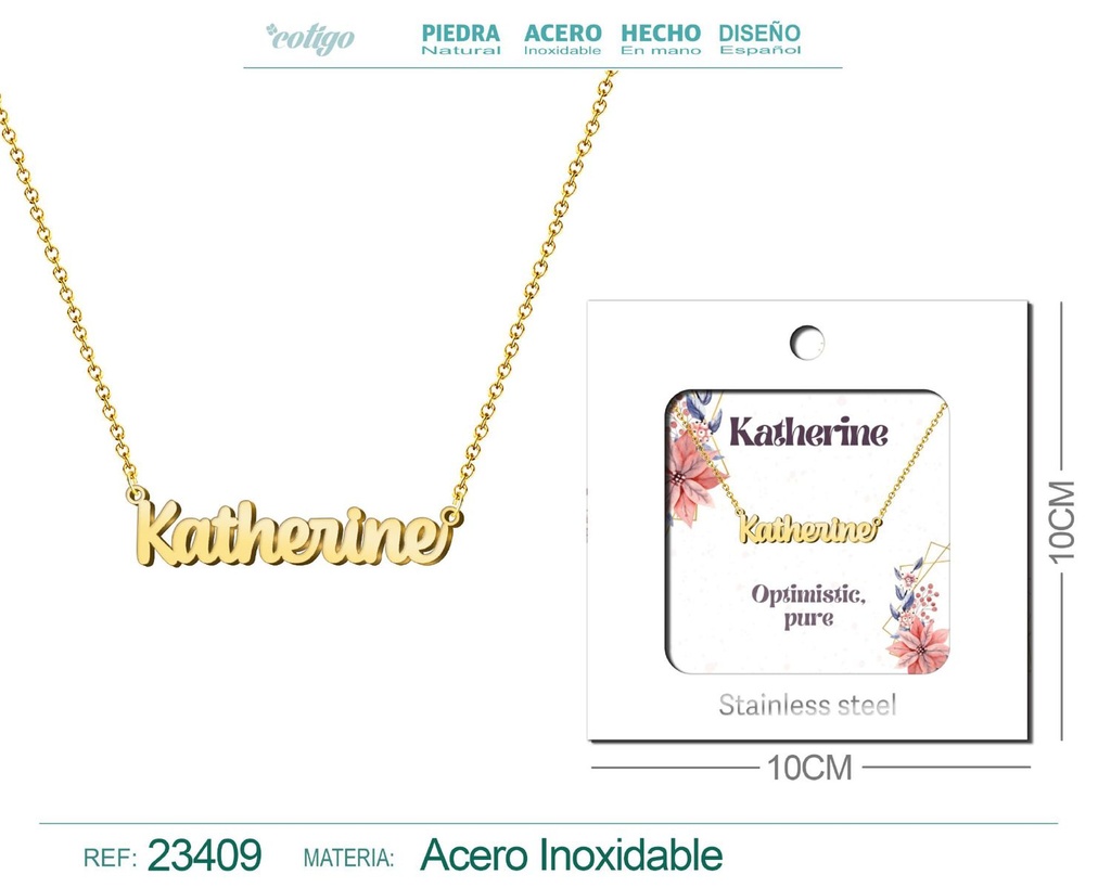 Collar de acero con nombre "Katherine" en inglés con sobre - Joyería personalizada