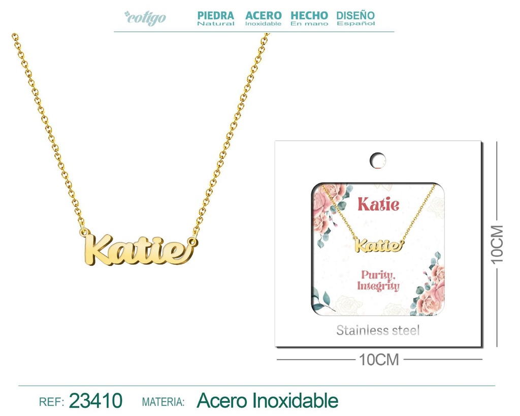 Collar de acero con nombre "Katie" en inglés con sobre - Joyería personalizada