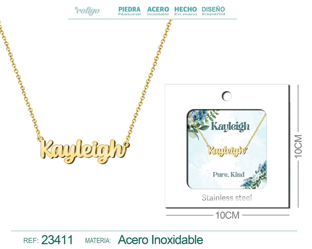 Collar de acero con nombre "Kayleigh" en inglés con sobre - Joyería personalizada