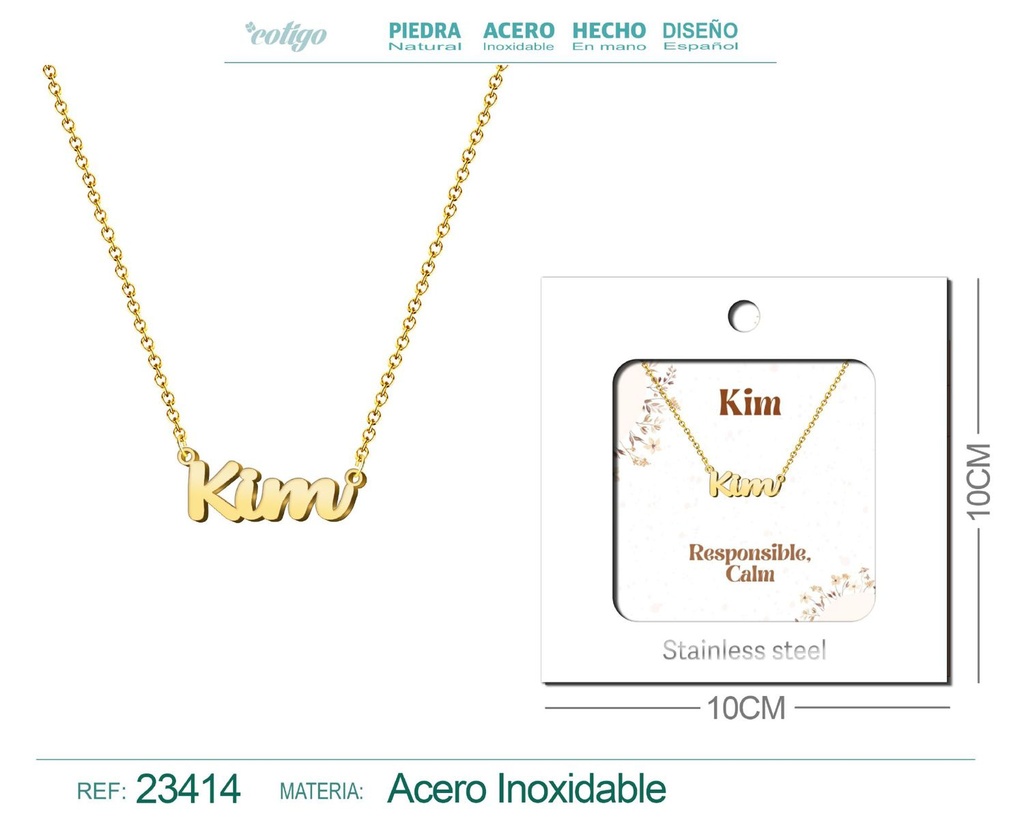 Collar de acero con nombre "Kim" en inglés con sobre - Joyería personalizada