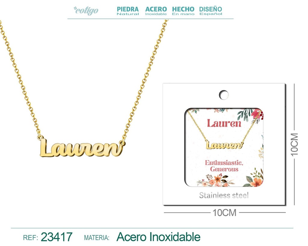 Collar de acero con nombre "Lauren" en inglés con sobre - Joyería personalizada