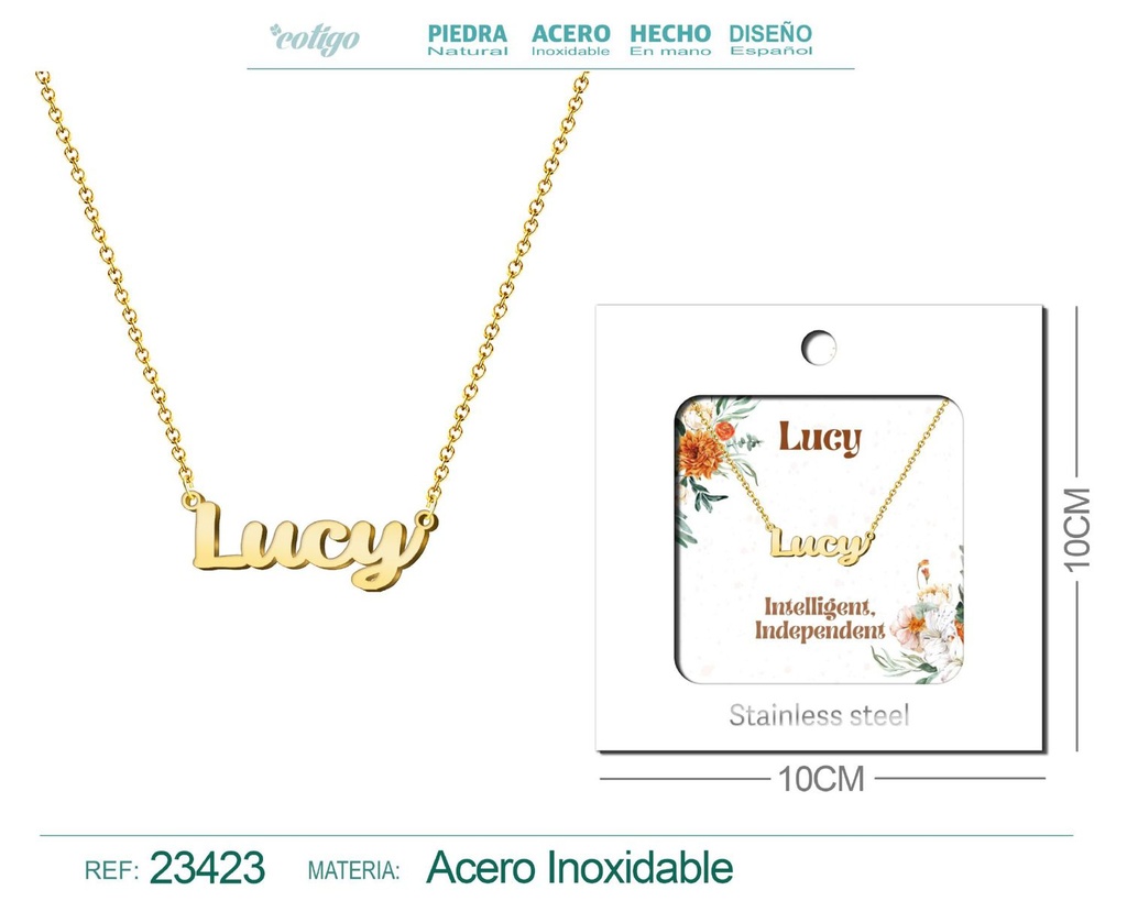 Collar de acero con nombre "Lucy" en inglés con sobre - Joyería personalizada