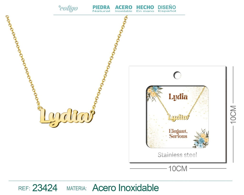 Collar de acero con nombre "Lydia" en inglés con sobre - Joyería personalizada