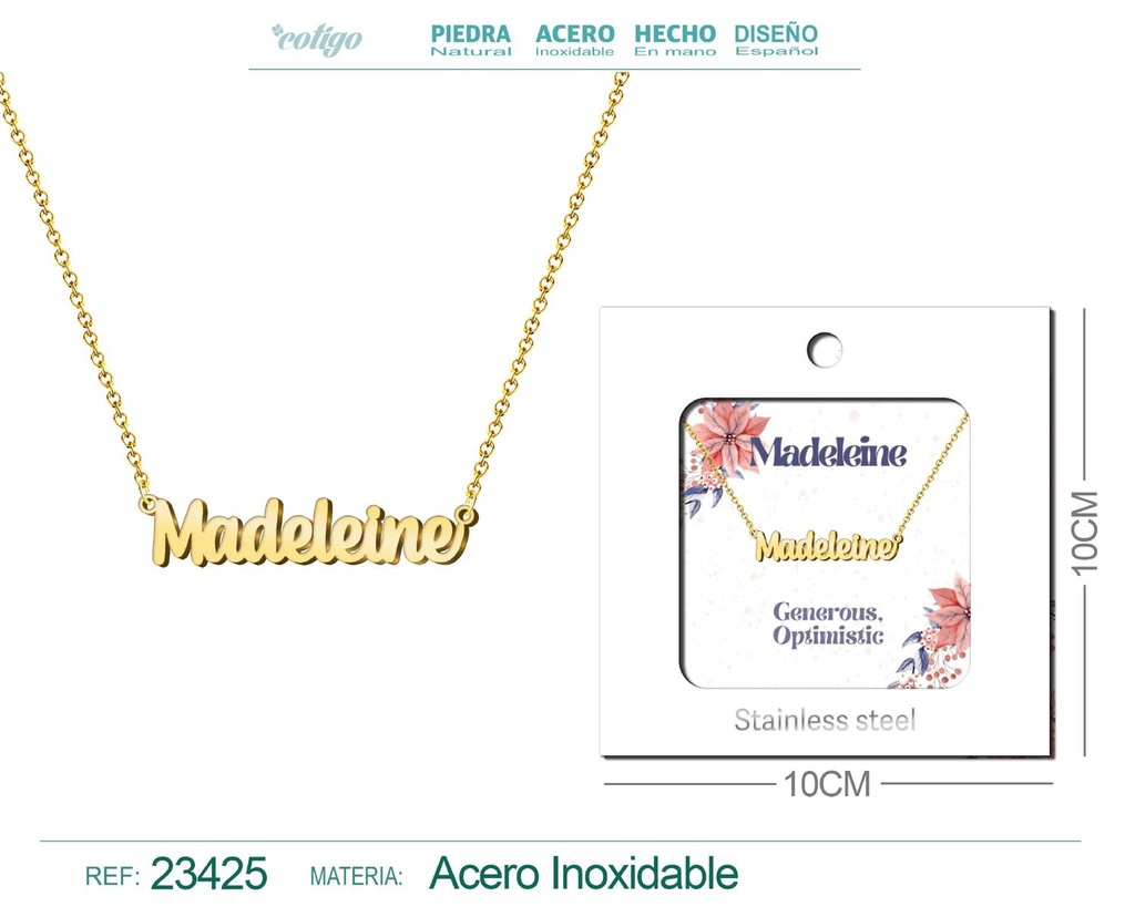 Collar de acero con nombre "Madeleine" en inglés con sobre - Joyería personalizada
