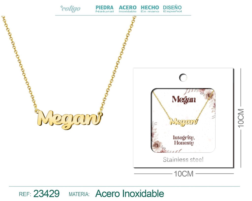 Collar de acero con nombre "Megan" en inglés con sobre - Joyería personalizada