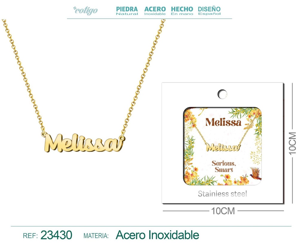 Collar de acero con nombre "Melissa" en inglés con sobre - Joyería personalizada