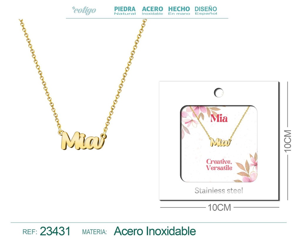 Collar de acero con nombre "Mia" en inglés con sobre - Joyería personalizada