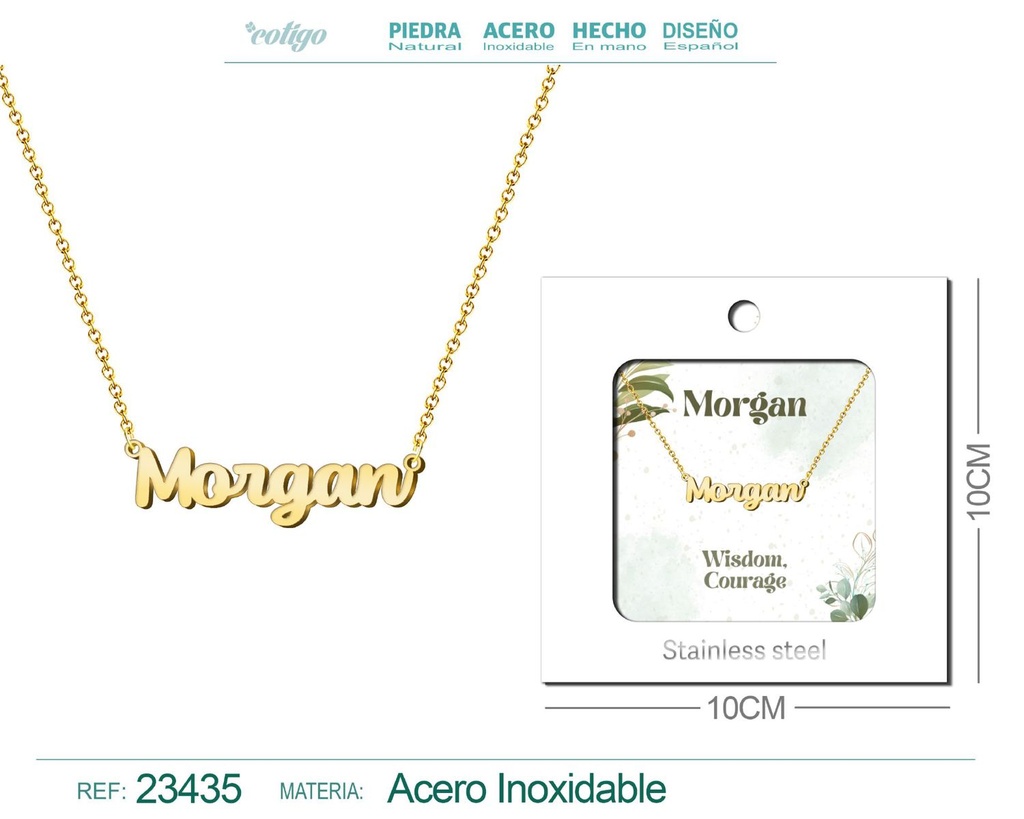Collar de acero con nombre "Morgan" en inglés con sobre - Joyería personalizada