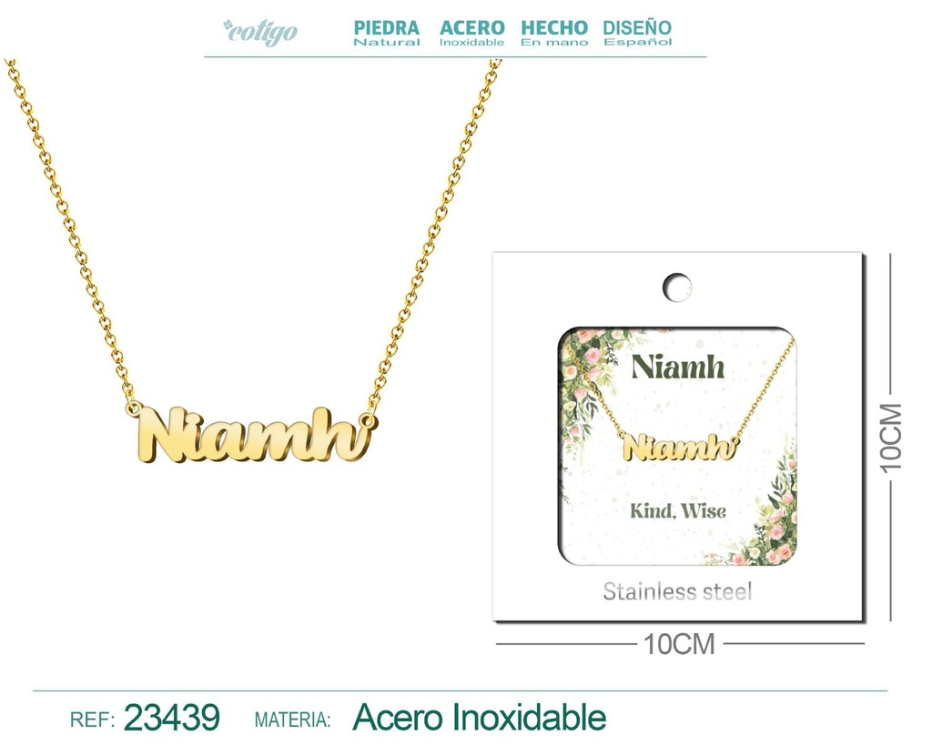 Collar de acero con nombre "Niamh" en inglés con sobre - Joyería personalizada